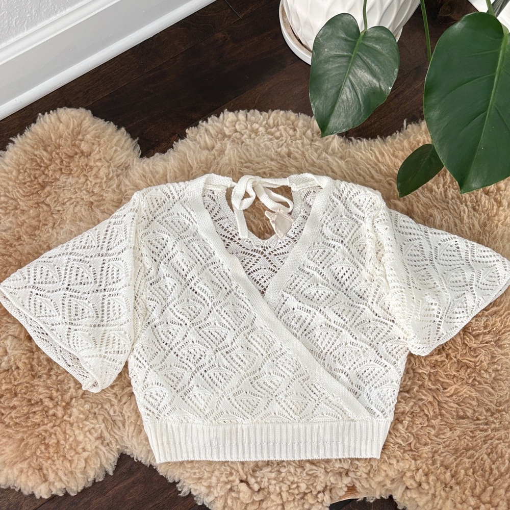 Hippie Rose Cream Crochet Wrap Crop Top • Boho Cottagecore • Small